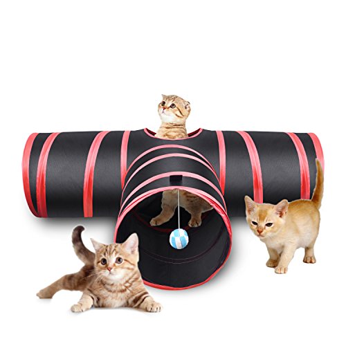 Creaker 3 Way Cat Tunnel  Collapsible Pet Toy Tunnel with Ball for Cat  Puppy  Kitty  Kitten  Rabbit (Red)