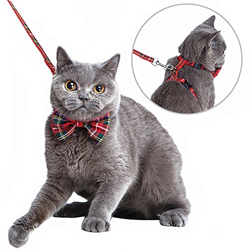 Mihachi Cat Harness Adjustable with Removable Bowtie-for Kitty   Rabbit Plaid Harness and Leash Set  Red