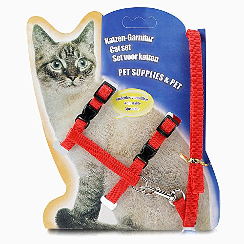 ONSON Cat Harness  Adjustable Harness Nylon Strap Collar with Leash  Cat Leash and Harness Set  For Cat and Small Pet Walking (Red)
