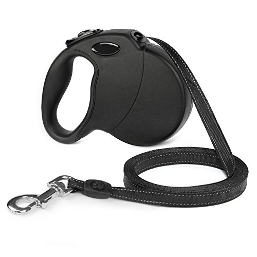 Pro Retractable Dog Leash  16ft Dog Walking Leash for Large Medium Small Dogs up to 110 lbs  Tangle Free  Soft Hand Grip  Reflective Ribbon Cord  One Button Brake   Lock - Black