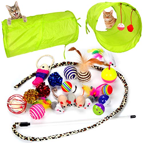 Youngever 20 Cat Toys Kitten Toys Assortments  2 Way Tunnel  Cat Feather Teaser - Wand Interactive Feather Toy Fluffy Mouse  Crinkle Balls for Cat  Puppy  Kitty  Kitten