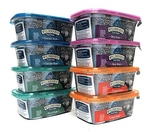 Blue Buffalo Wilderness Grain-Free Trail Tubs Stew Variety Pack  4 Flavors (Chicken  Duck  Beef  and Turkey)  8 Ounces Each (8 Total Tubs)